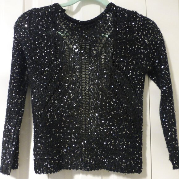 LE CHATEAU black shimmery sequins open front three quarter sleeve cardigan - Picture 6 of 9